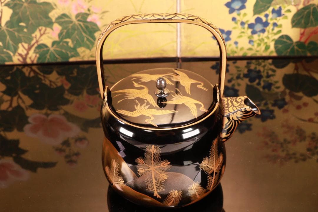 BJ009 高級漆器　時代輪島塗　若松鶴蒔絵　銚子 一対　銀摘　酒道具　懐石道具