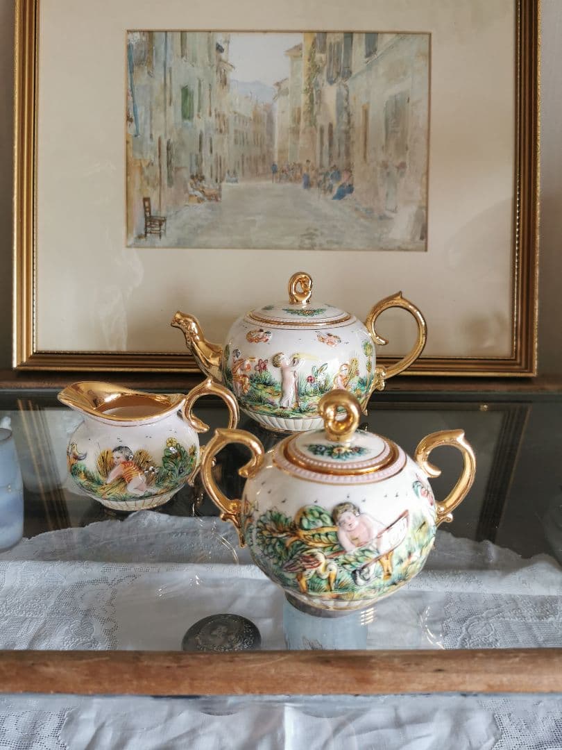 アンティークイタリア カポディモンティ 子供と鳥 実り 釣り 収穫シュガーポット