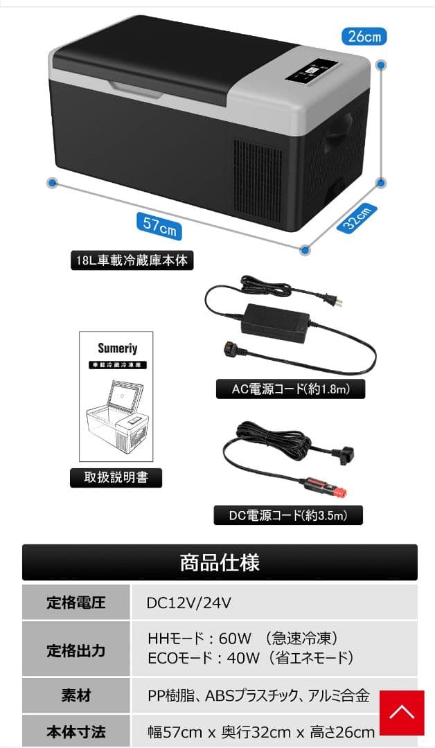 Sumeriy 車載家庭両用 静音 ポータブル冷蔵庫 18L　定価２万９８００円