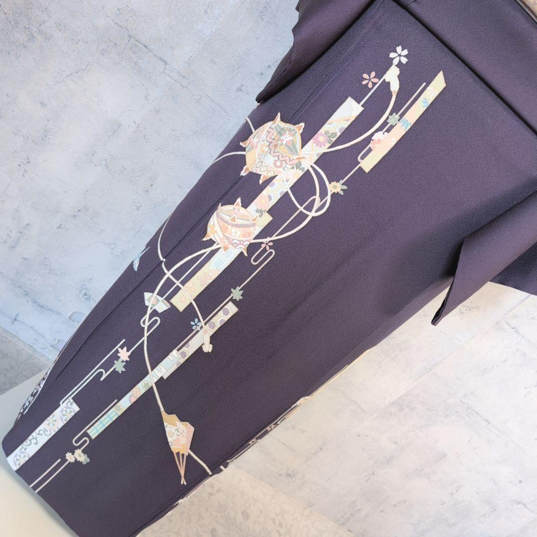 訪問着　フルセット　着物　正絹　暗紫　桜　かっこいい　祝い事　F前