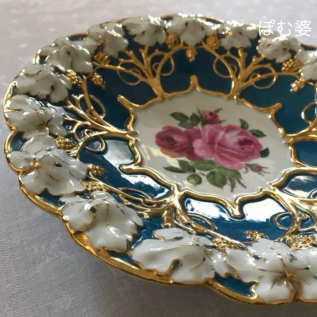 【古マイセン】グランツゴールド／飾り皿「紺碧の青地／薔薇と葡萄」