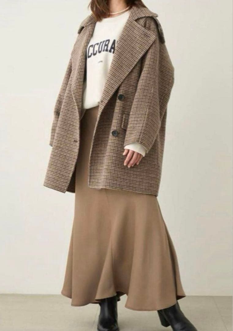 ミラオーウェン　衿ストラップハーフ丈リバーPコート　チェック柄
