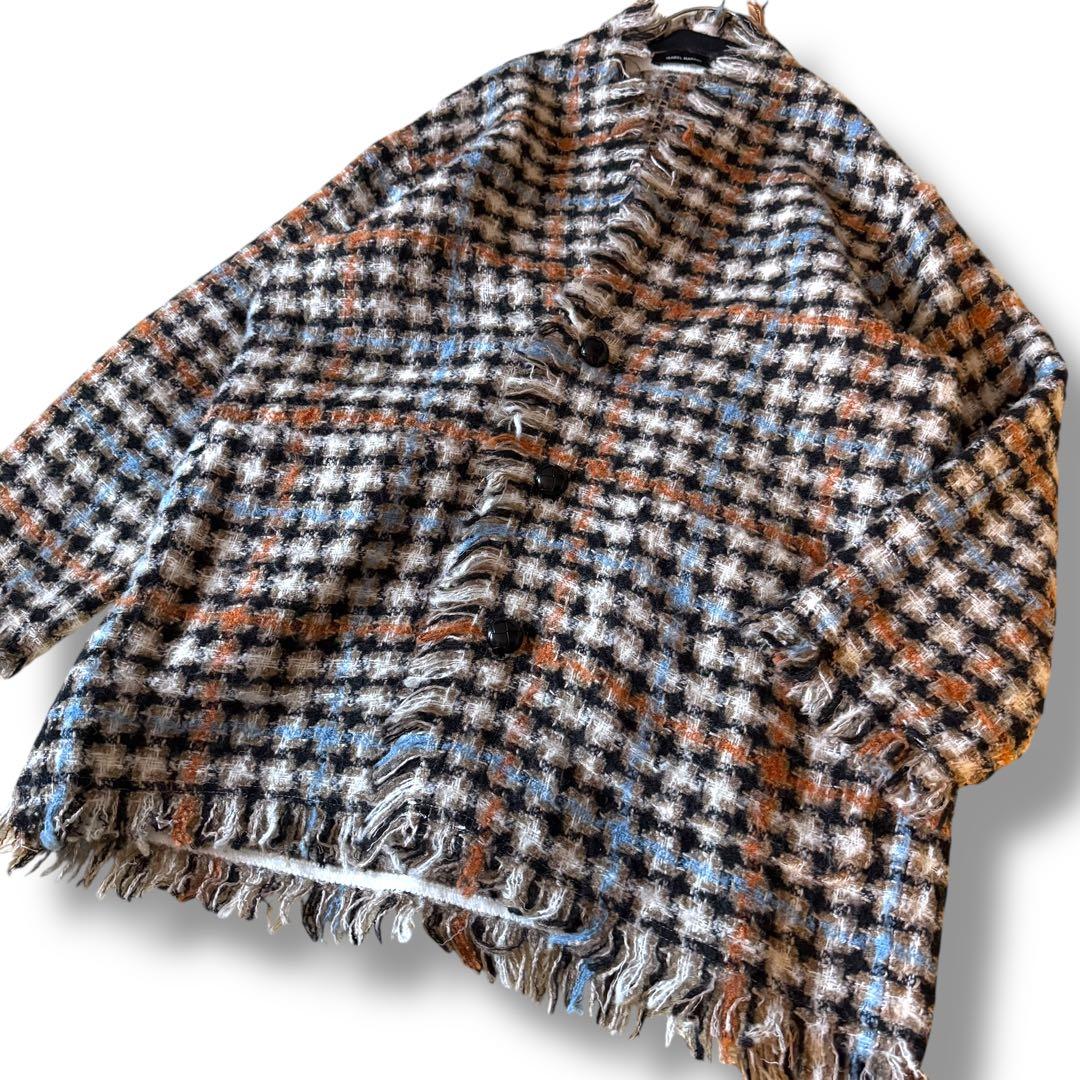 美品 イザベルマラン ミックスツイード ノーカラーコーディガン フリンジ