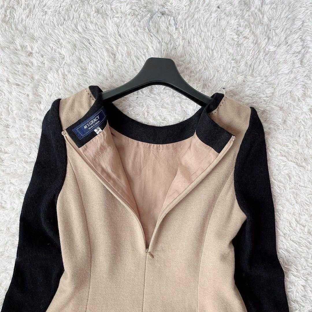 【美品】エムズグレイシー ドッキングワンピース ウール ブラック×キャメルひざ丈