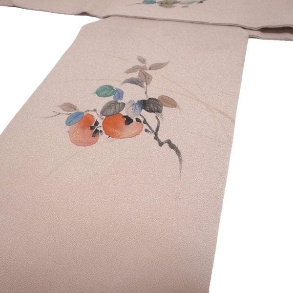 名古屋帯 九寸 手描き ちりめん 縮緬 くすみピンク 柿 絹 中古 kp2272