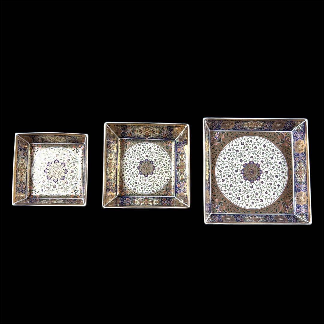 【希少・美品】庫山窯 金欄更紗 角盛皿 金彩 3点セット 角皿 美濃焼 和食器