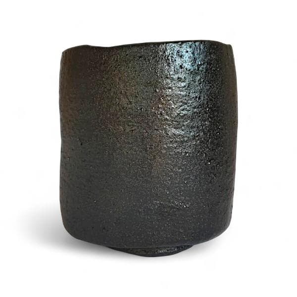 佐々木昭楽造 筒茶碗 長次郎写 風折 抹茶椀 茶道具 共箱 共布 黒楽