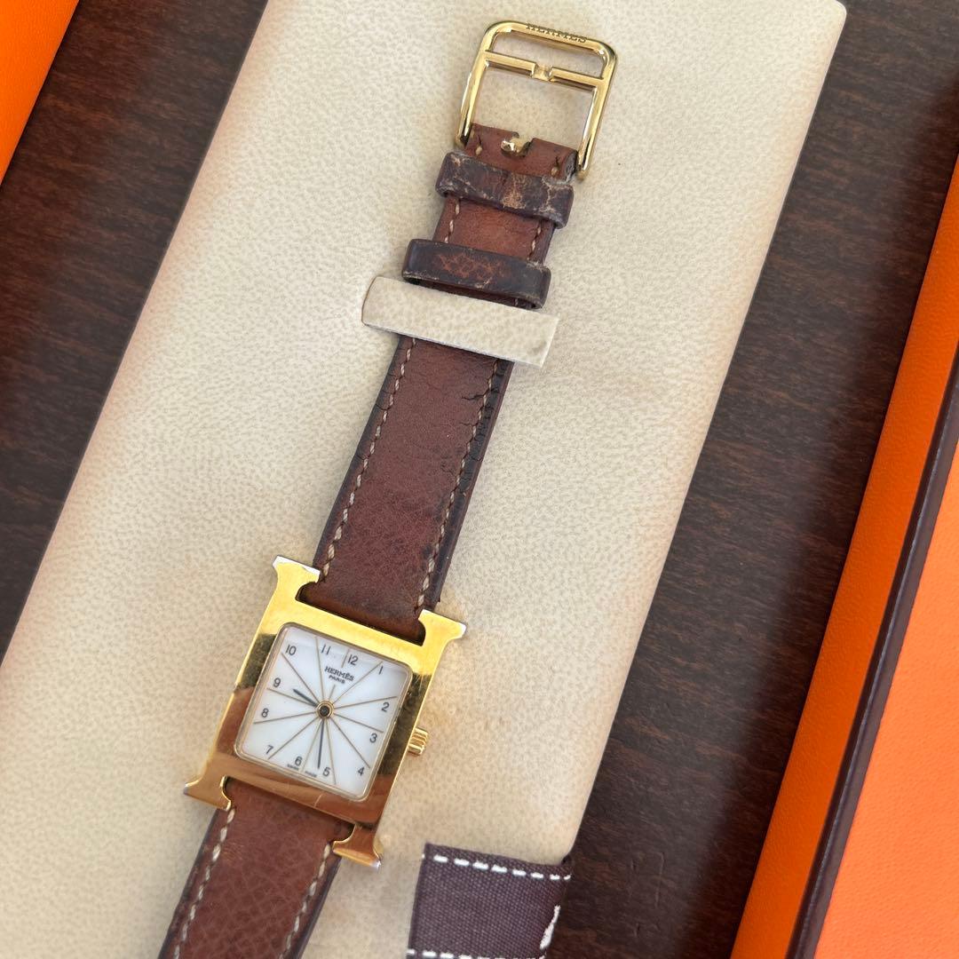HERMES ブラウンレザー スクエアウォッチ正規品★