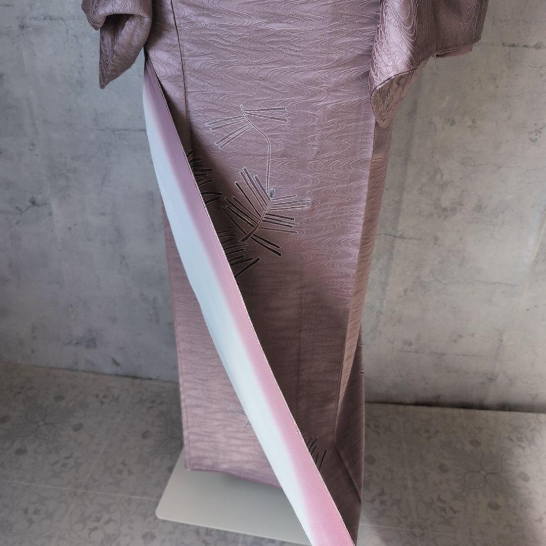 訪問着　フルセット　付け下げ　着物　正絹　紫　地紋豪華　波　帯草木染羅峰錦　B2