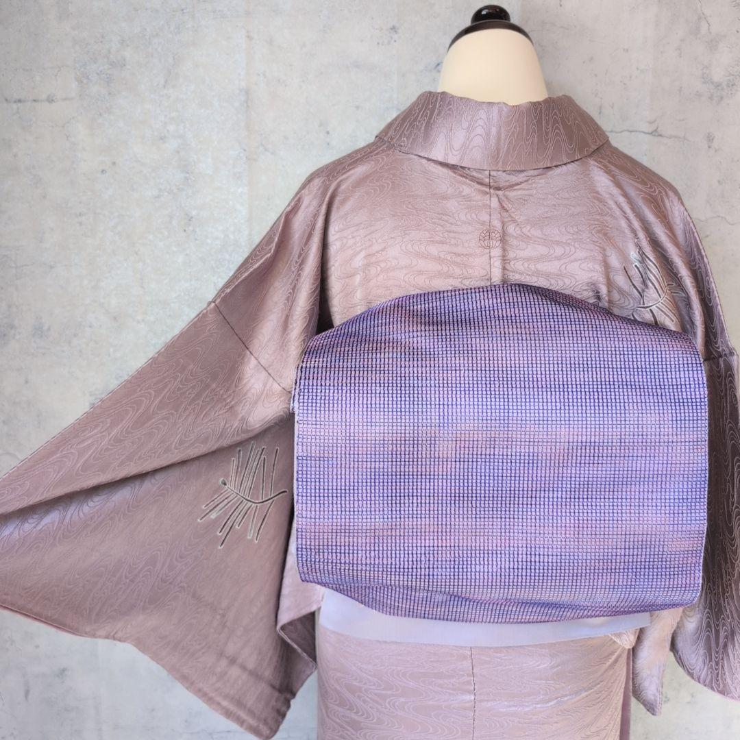 訪問着　フルセット　付け下げ　着物　正絹　紫　地紋豪華　波　帯草木染羅峰錦　B2