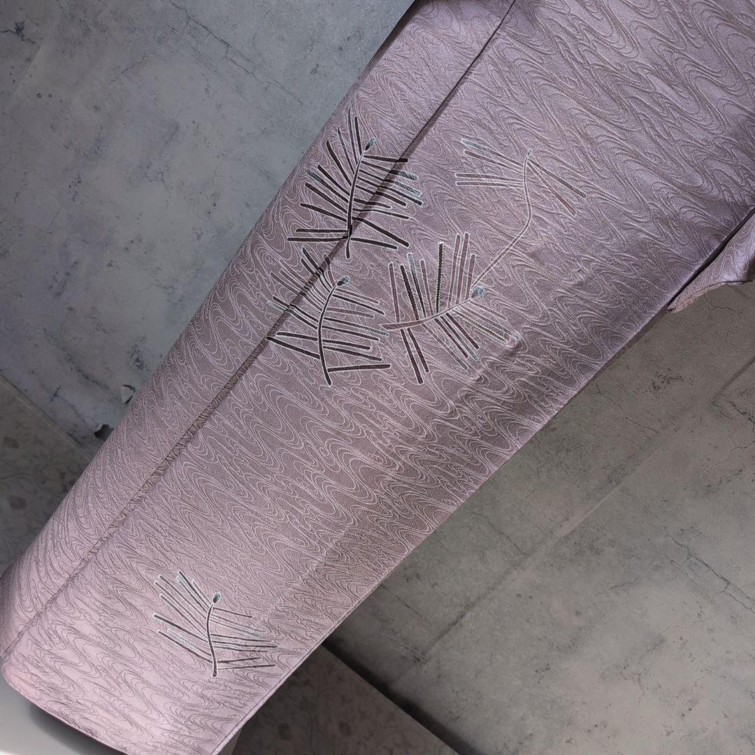 訪問着　フルセット　付け下げ　着物　正絹　紫　地紋豪華　波　帯草木染羅峰錦　B2