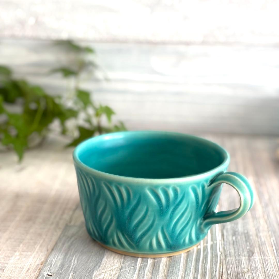 しのぎスープカップ スープボウル ターコイズ 2個セット 益子焼