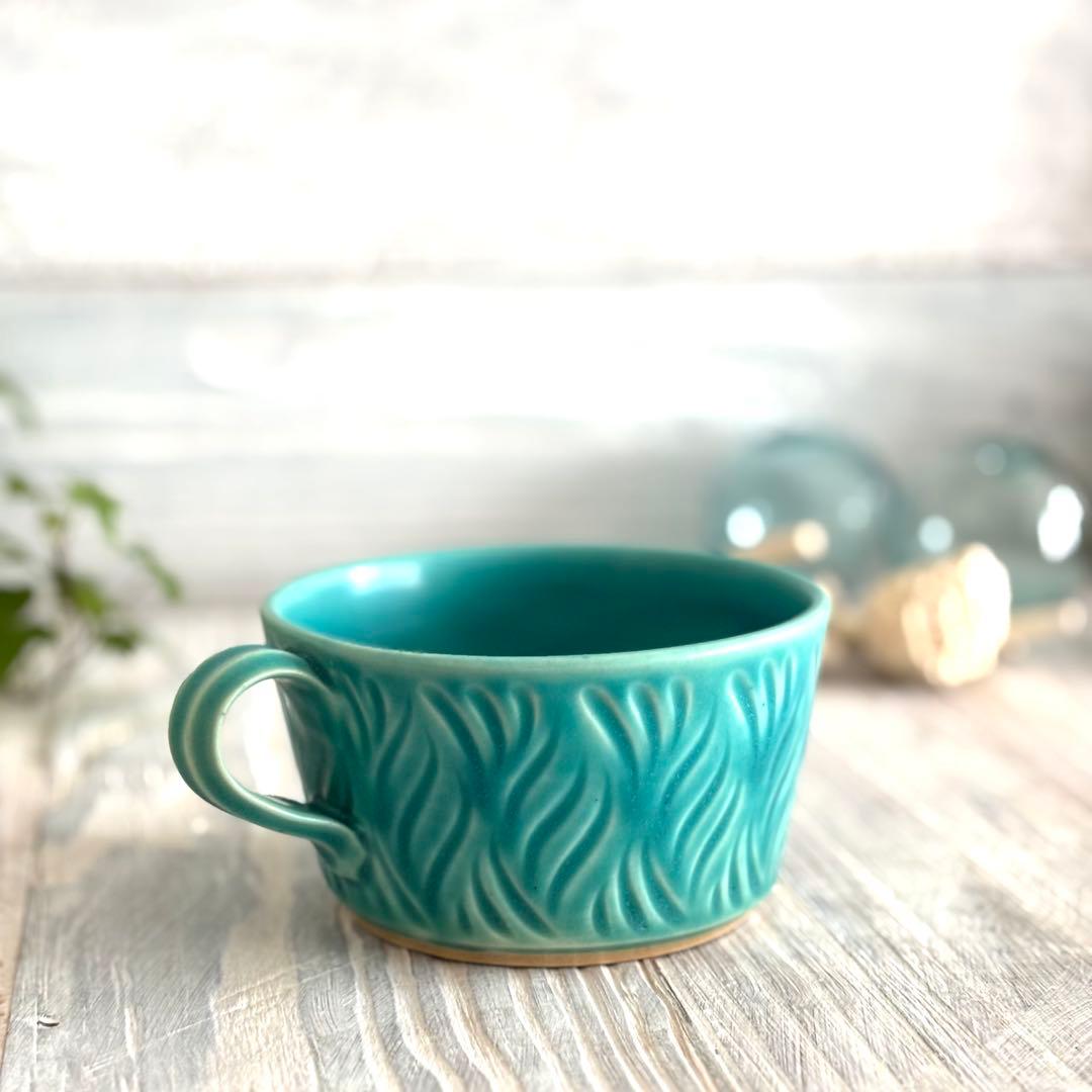 しのぎスープカップ スープボウル ターコイズ 2個セット 益子焼