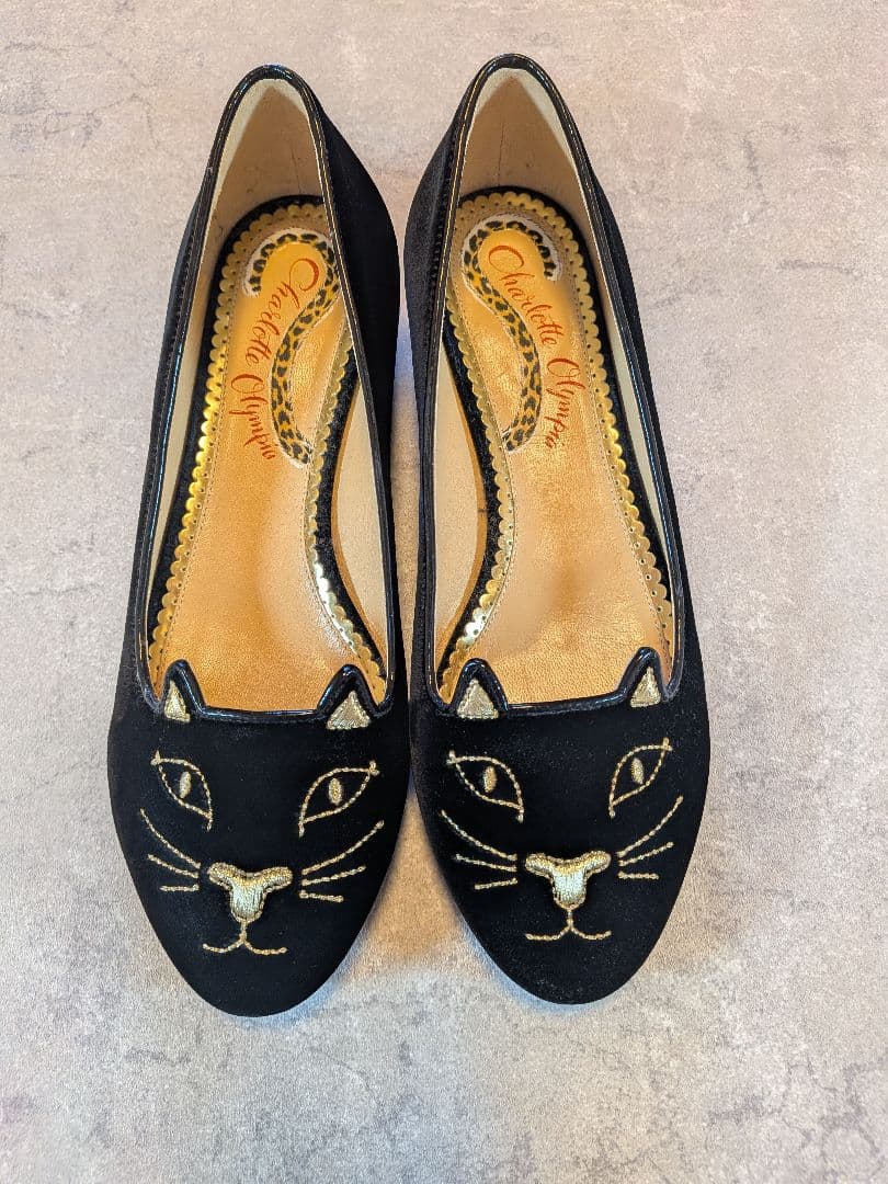 シャルロットオリンピア　ベロア　猫モチーフ　刺繍　フラットシューズ　38