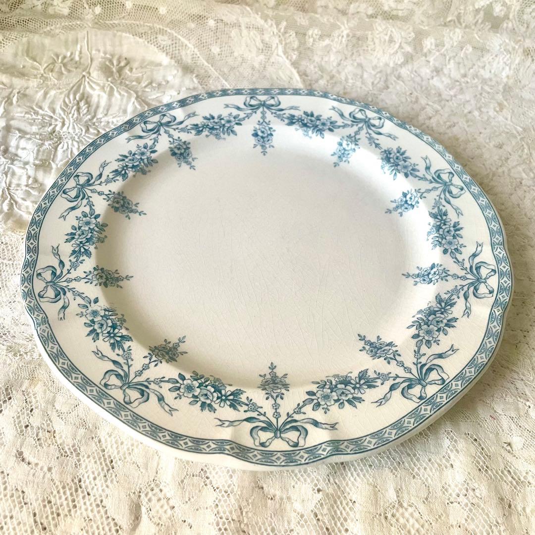 エミールブルジョワ窯ブルーリボンのガーランドプレート　平皿　フランスアンティーク