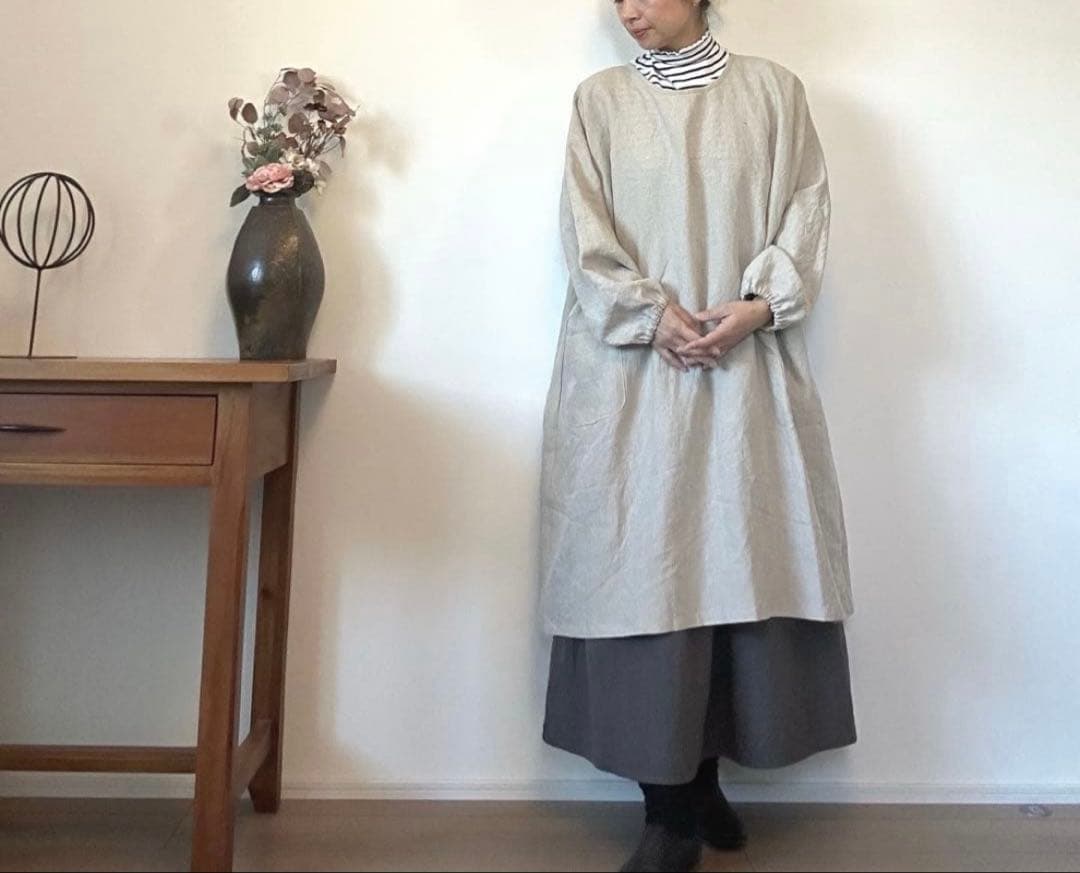 国産リネン100%　おしゃれな割烹着　キナリ　服作り40年の田舎町仕立屋