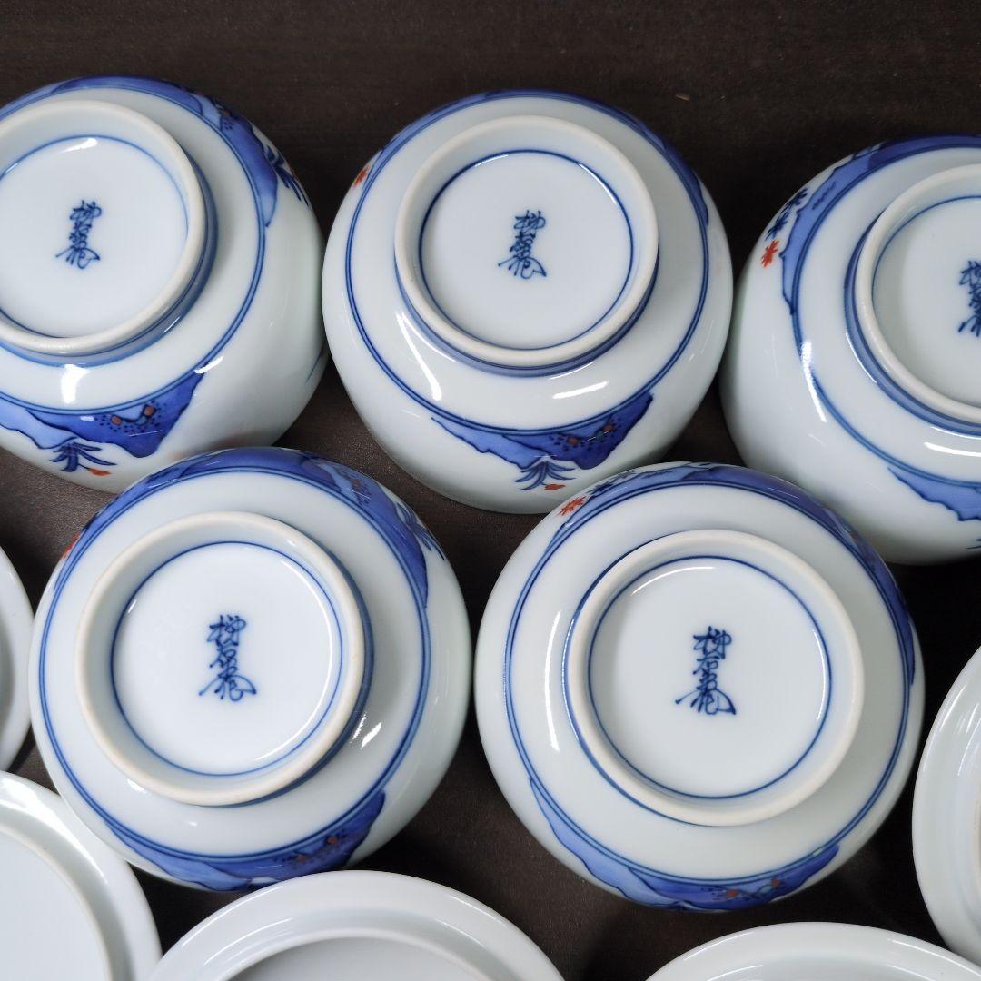 十三代 酒井田柿右衛門 作 染錦 梅文 番茶器(蓋付 湯呑 五客・急須) 共箱