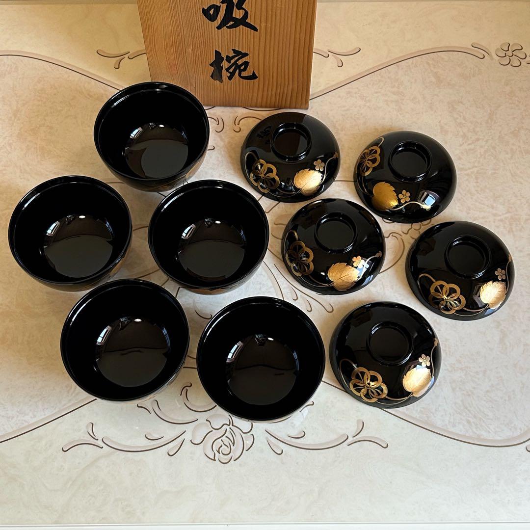 会津塗　金彩蒔絵蔦紋　蓋付きお吸い物椀　5客セット　漆器　汁碗　吸物椀揃