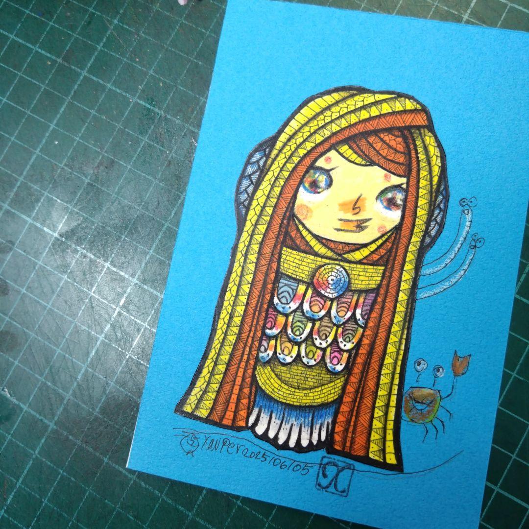 【ザビちゃん】【原画肉筆】疫病退散・アマビエさま・巫女さま風