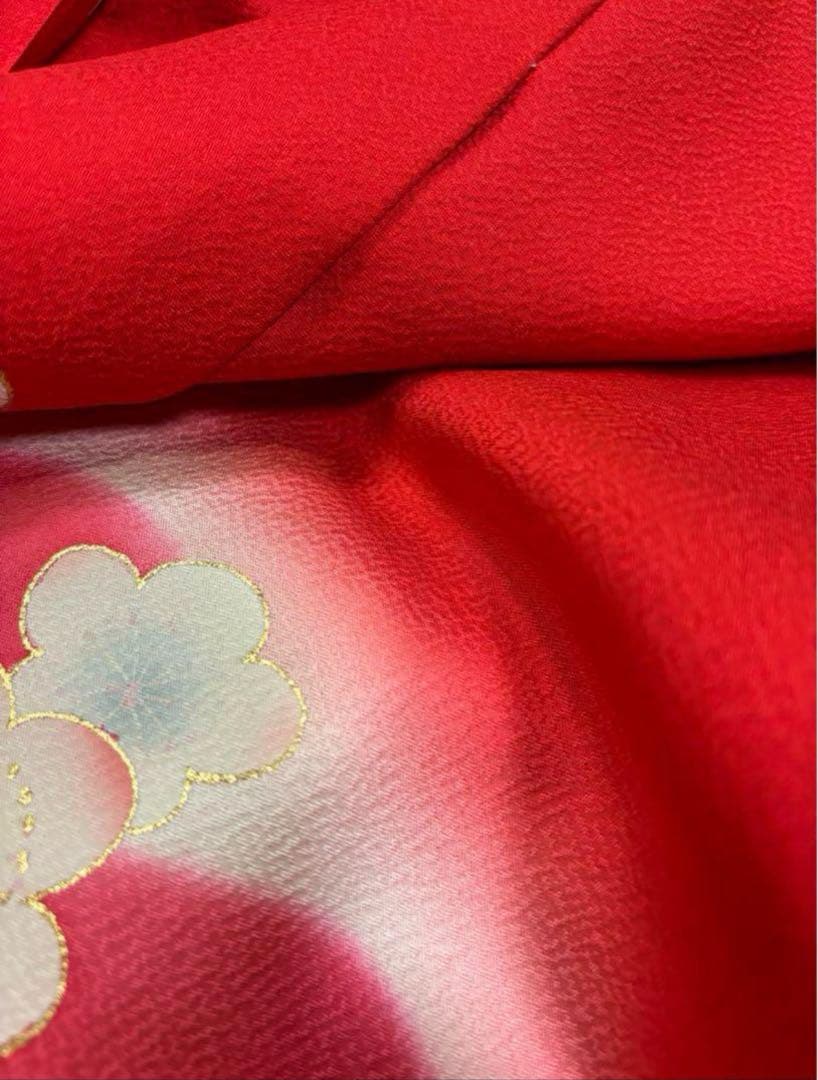 七五三　四ツ身女の子着物　正絹　仮絵羽　友禅　鮮やか赤　梅　可愛いうさぎ柄