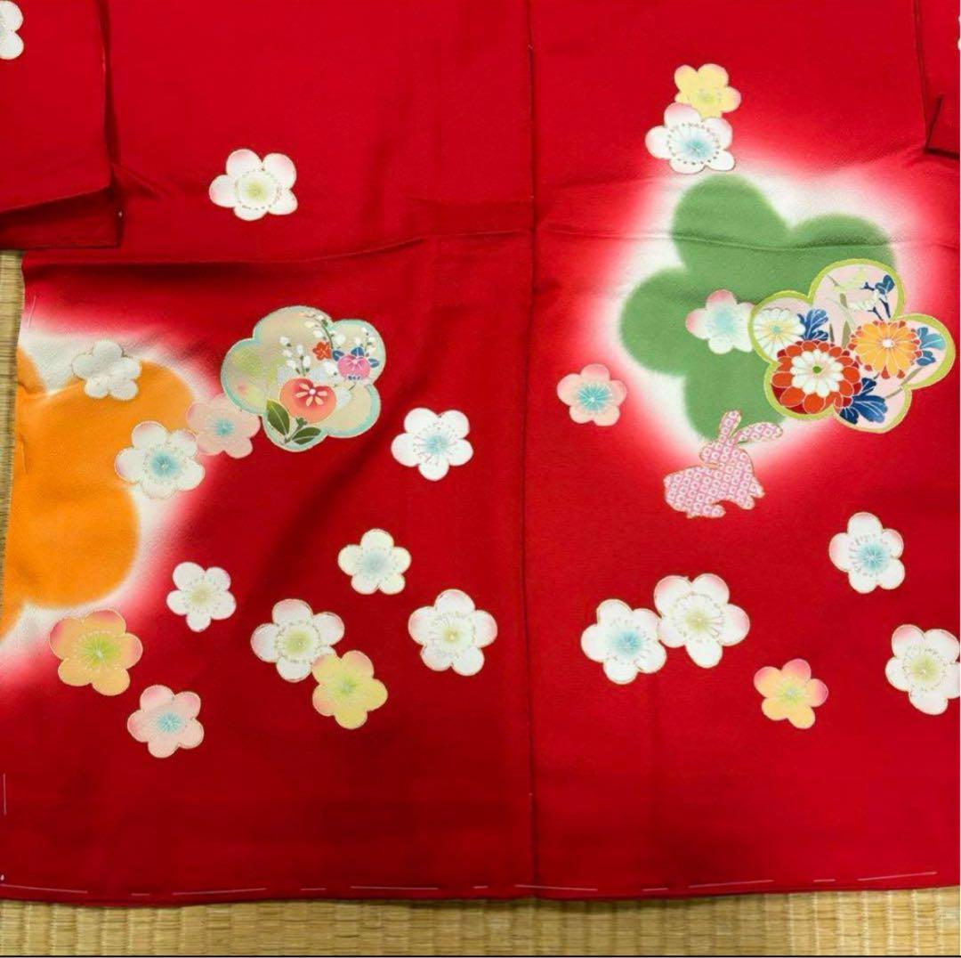 七五三　四ツ身女の子着物　正絹　仮絵羽　友禅　鮮やか赤　梅　可愛いうさぎ柄