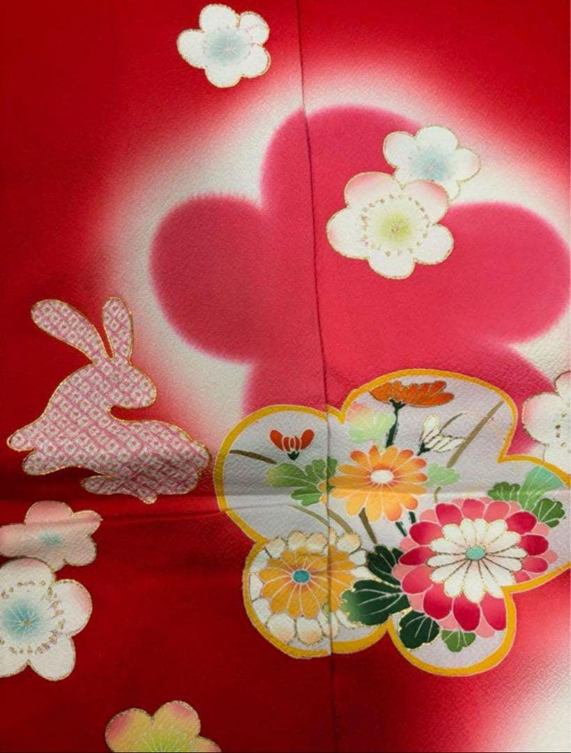七五三　四ツ身女の子着物　正絹　仮絵羽　友禅　鮮やか赤　梅　可愛いうさぎ柄