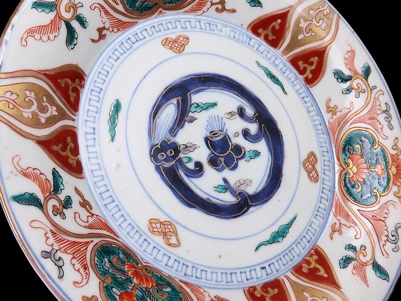 古伊万里　色絵　団龍紋に宝珠　花の図　７寸皿　３枚　珍品　C544AS-DBr