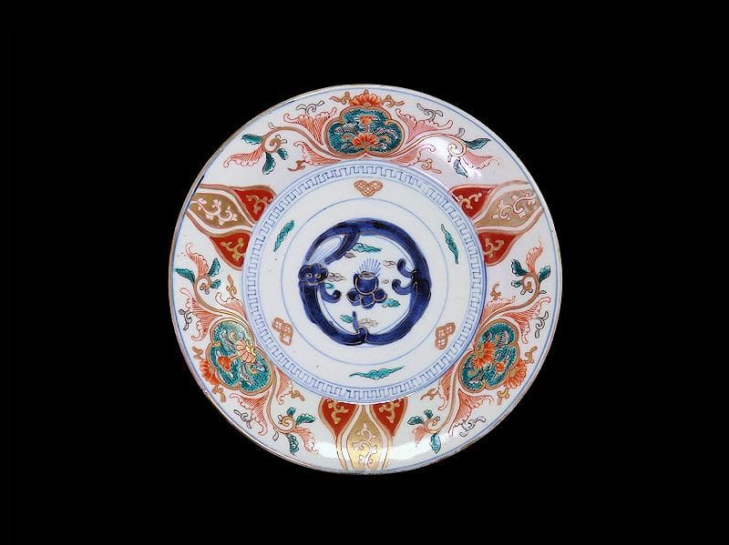 古伊万里　色絵　団龍紋に宝珠　花の図　７寸皿　３枚　珍品　C544AS-DBr