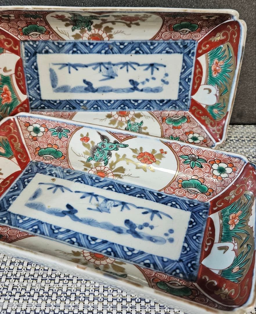 江戸時代末期　古伊万里　錦手　松竹梅に 獅子に菖蒲に鷺図　19.5cm長皿2客③