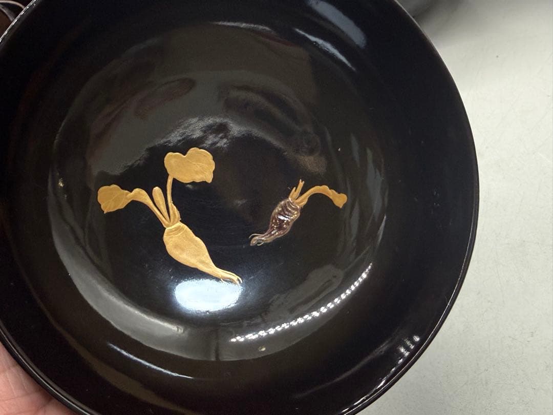 時代　輪島塗　黒蒔絵　大根模様吸い物椀9点　木製　共箱260204