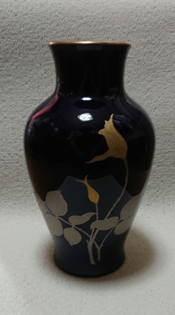 希少 大倉陶園 瑠璃 金蝕バラ 特注 花瓶 花器 金彩 銀彩