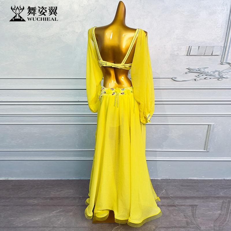 ベリーダンス衣装 ライトイエロー スパンコール オリエンタルダンスセット