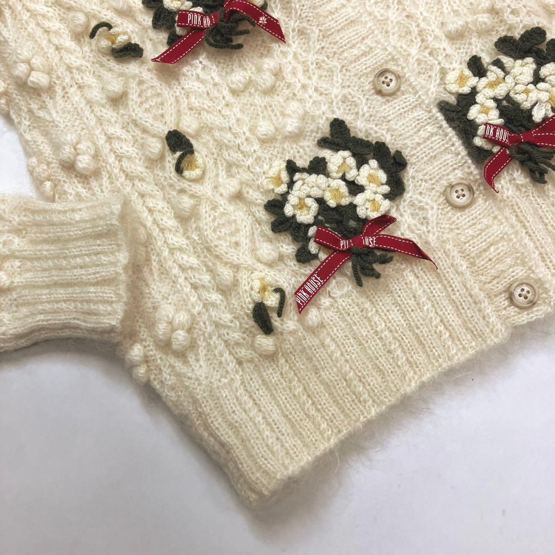 【試着のみ】ピンクハウス アイボリー フラワーブーケモチーフ ニットカーディガン