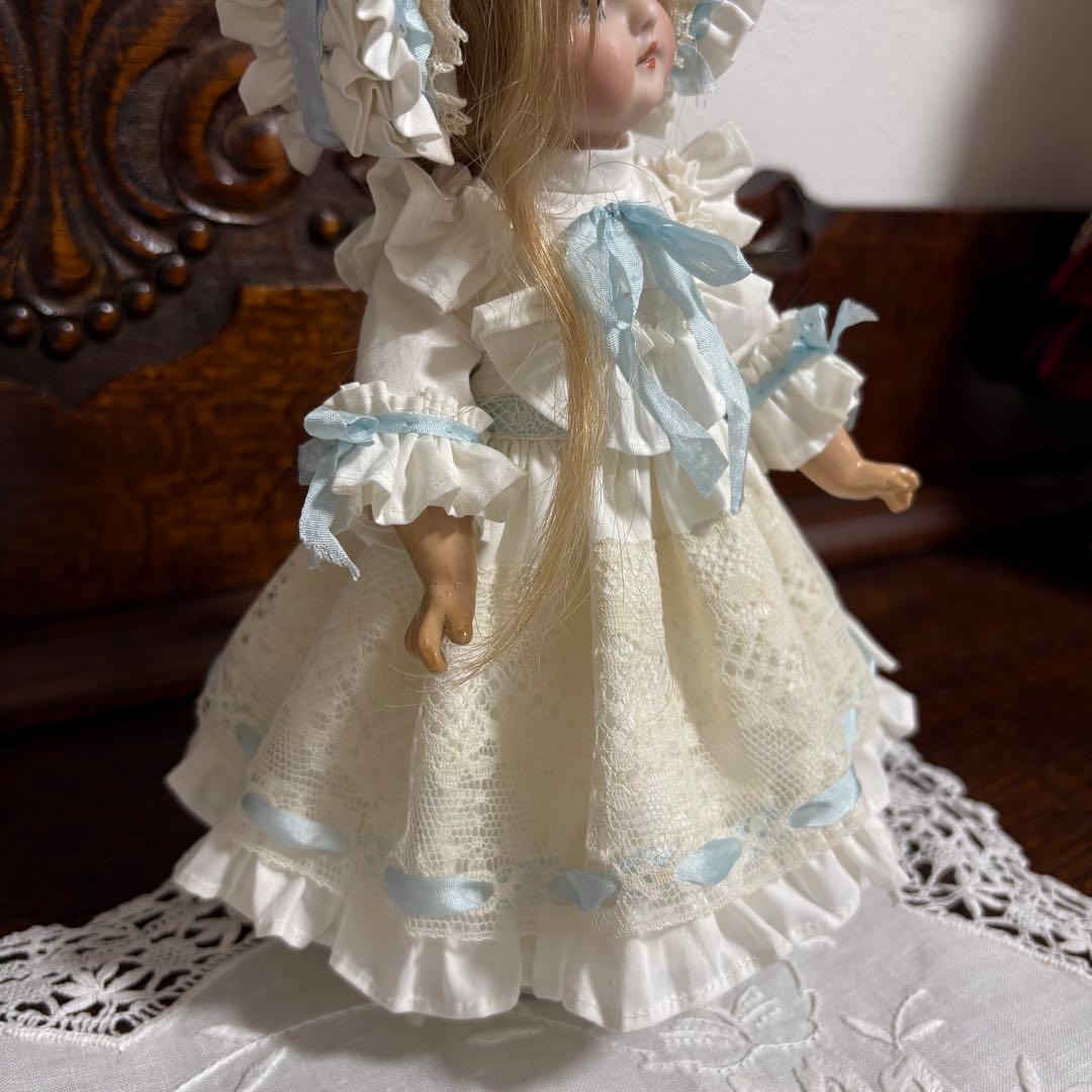 アンティークドール ビスクドール ドレス ボネ ブルー リボン レース