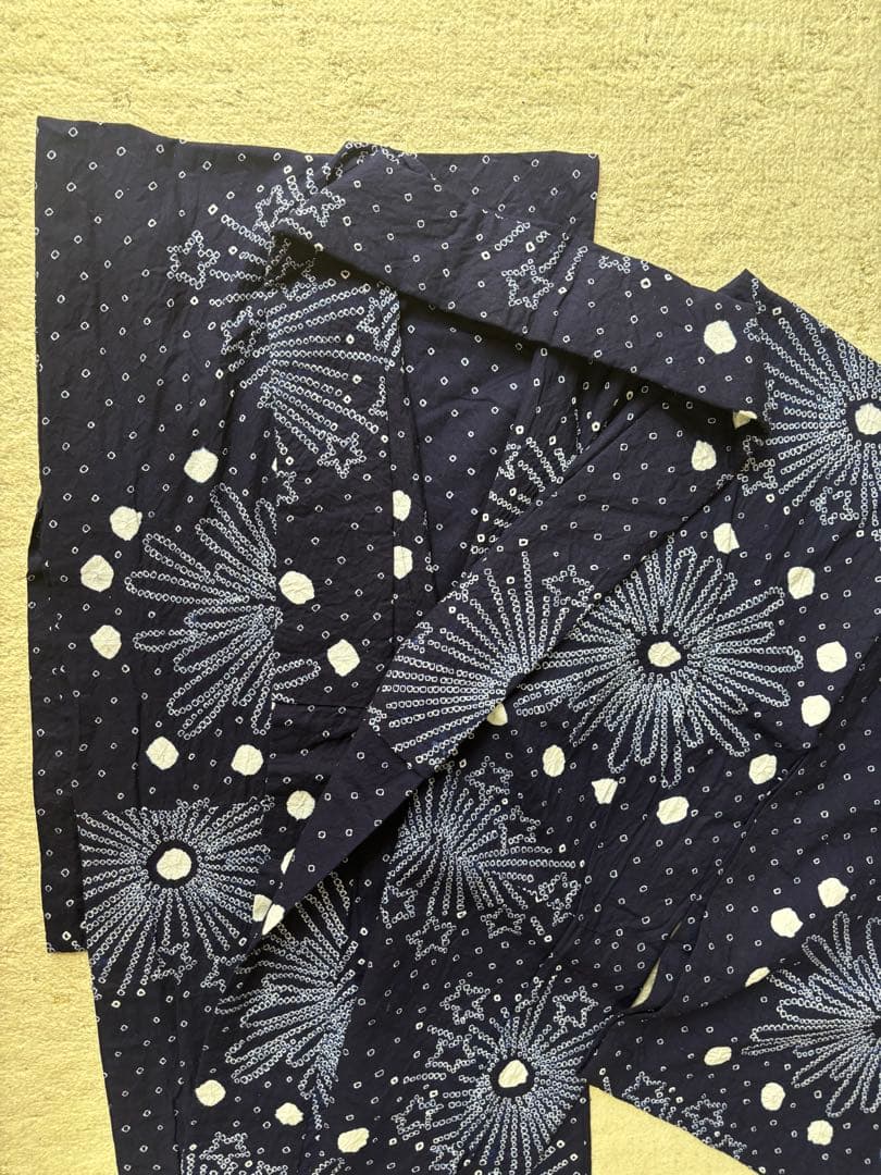 絞り浴衣　単品　藍色　花火と星模様 やまと　綿　高級浴衣