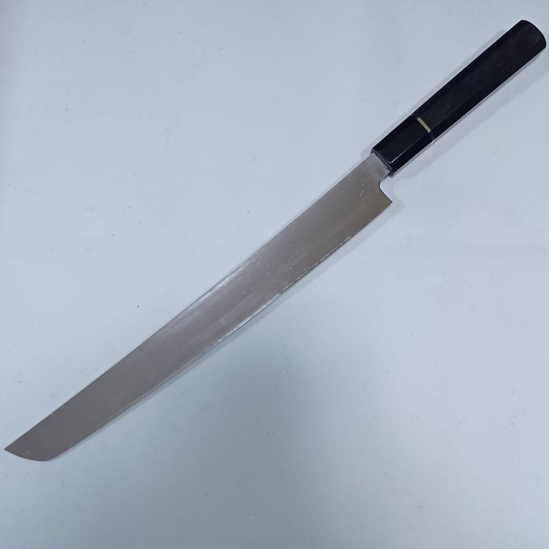 ステン本焼V金10号先丸柳刃包丁30cm黒水牛黒檀八角柄