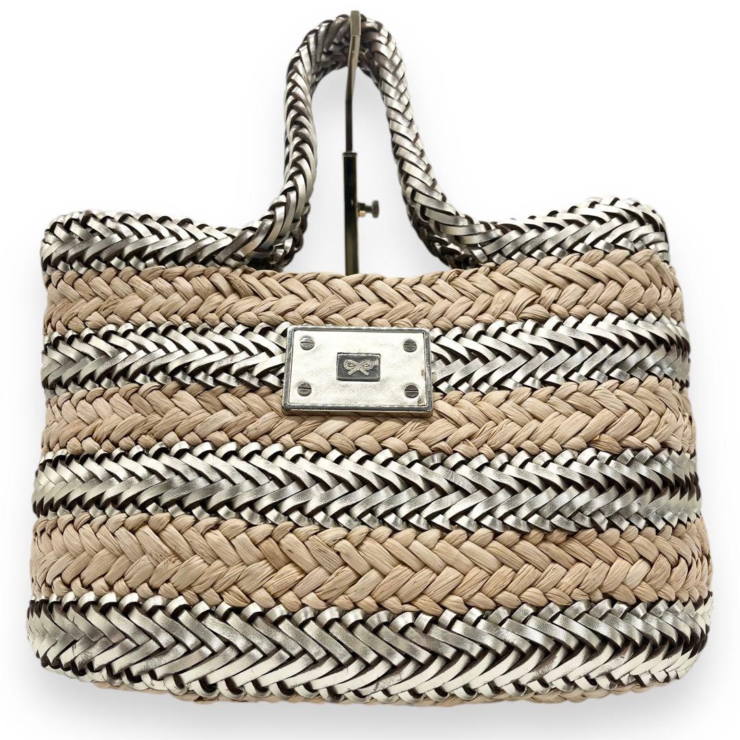 美品■アニヤハインドマーチ　かごバッグ　シルバー　リボン　レザープレート