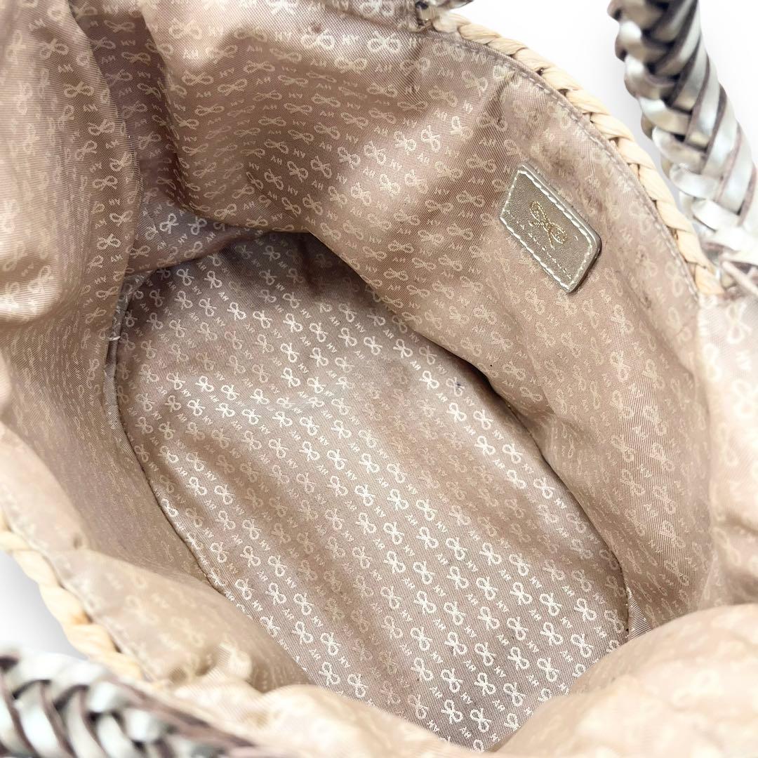 美品■アニヤハインドマーチ　かごバッグ　シルバー　リボン　レザープレート