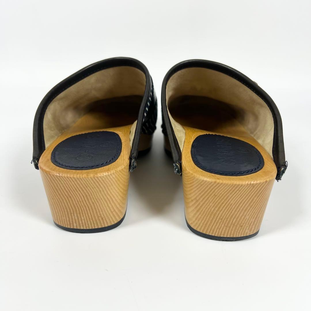 良品CHANEL シャネル サボサンダル ストライプ 36 マリン ネイビー