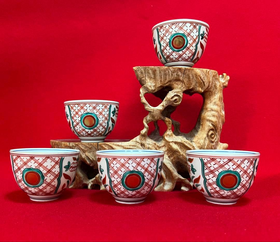 京焼 清水焼 薄胎 赤絵貼金 汲出碗揃五客 陵泉造　茶道具