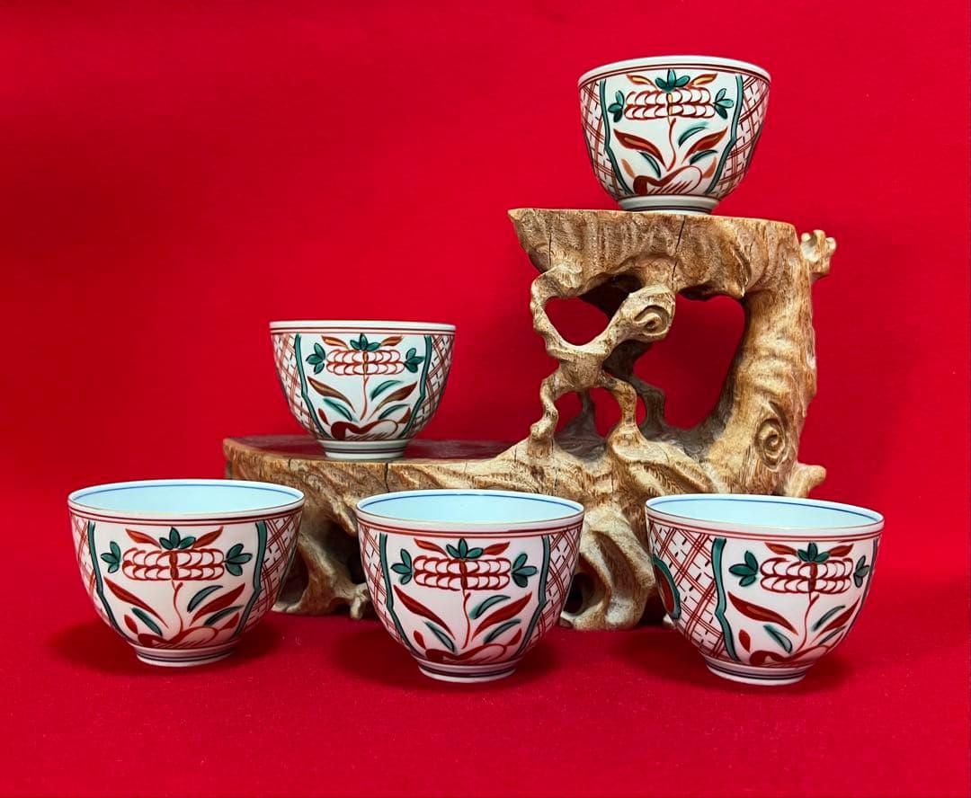 京焼 清水焼 薄胎 赤絵貼金 汲出碗揃五客 陵泉造　茶道具