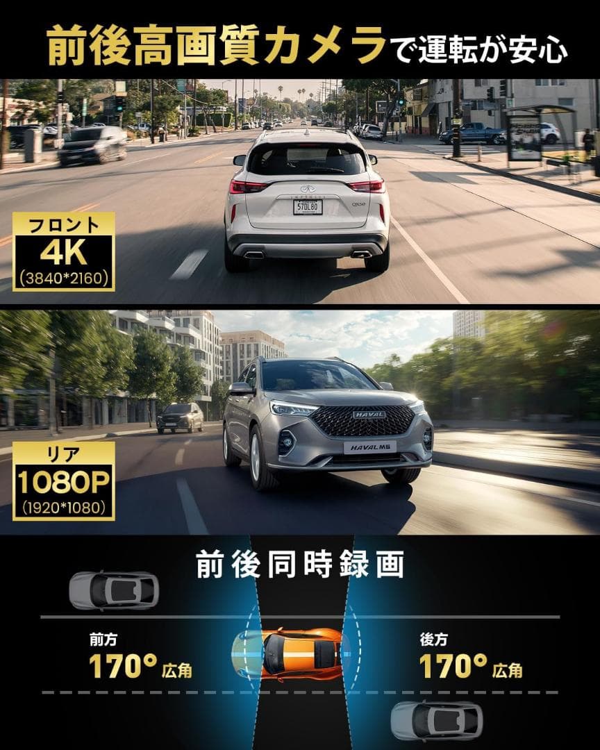 ドライブレコーダー ミラー型【2025年 4KHD画質・降圧ケーブル】SONY製