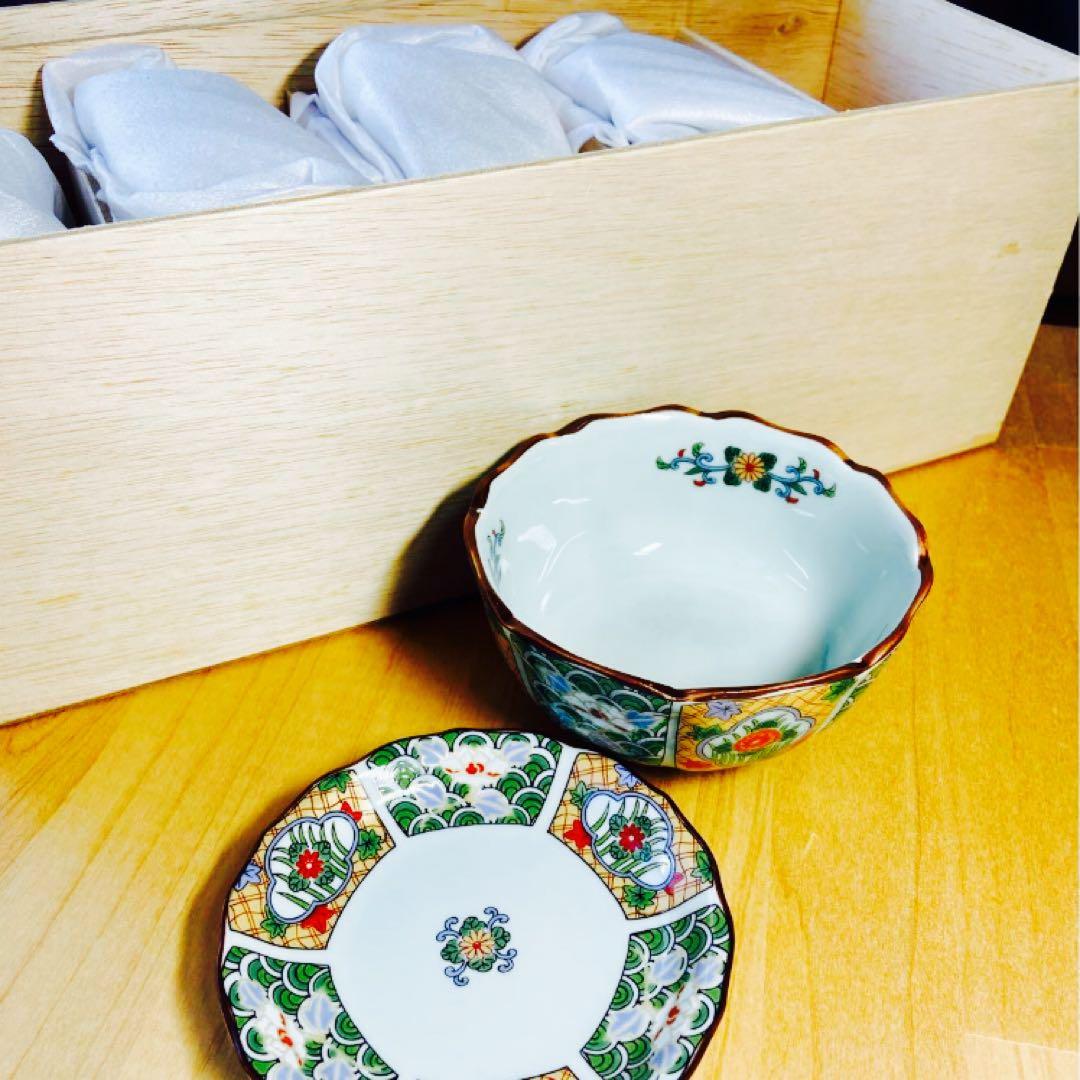 新品未使用・木箱入/佐藤走波 有田焼 華やか色絵 鉢5客＋皿5枚セット 年始め◎