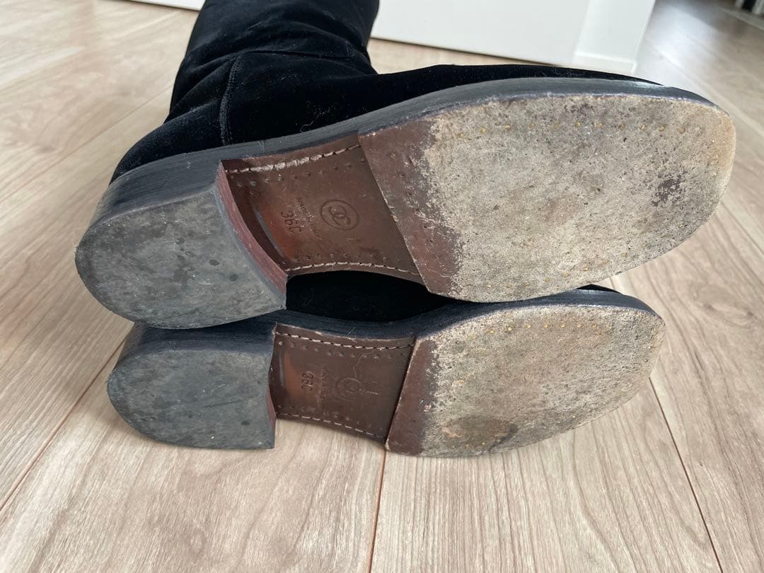 CHANEL ブラック ベルベット ロングブーツ　36