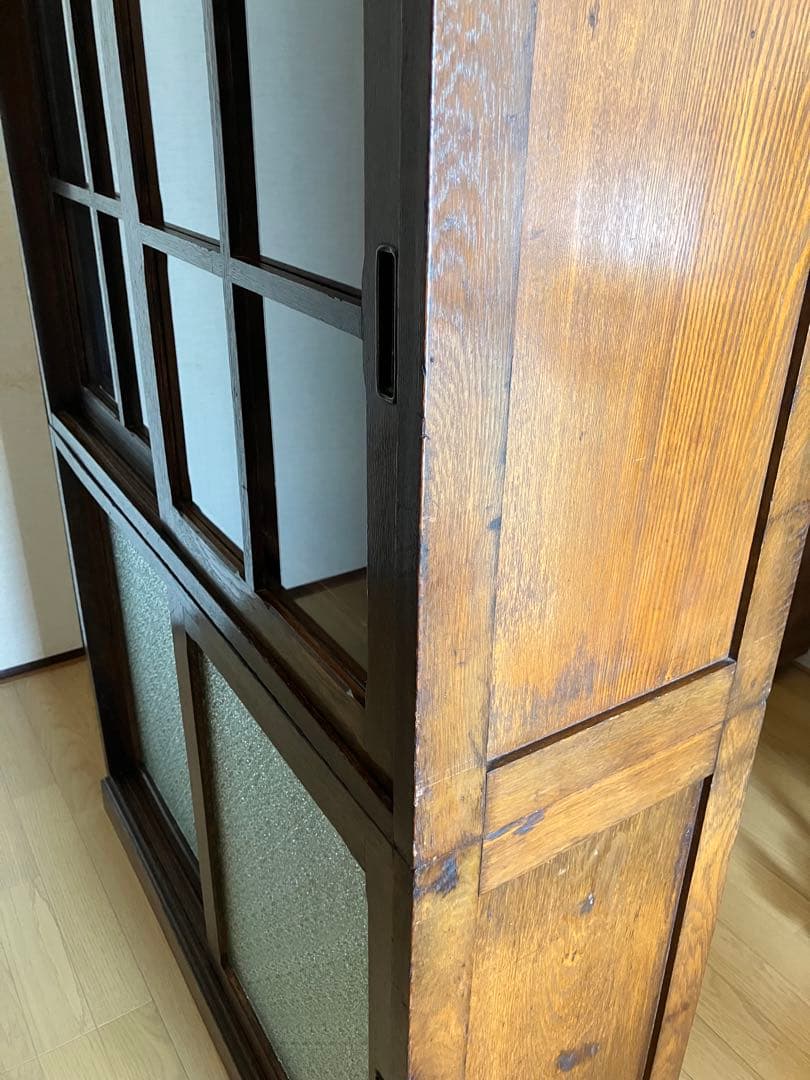 アンティーク　本箱　本棚　戸棚　食器棚　陳列棚　店舗　ニ重ね　無垢　引戸　レトロ