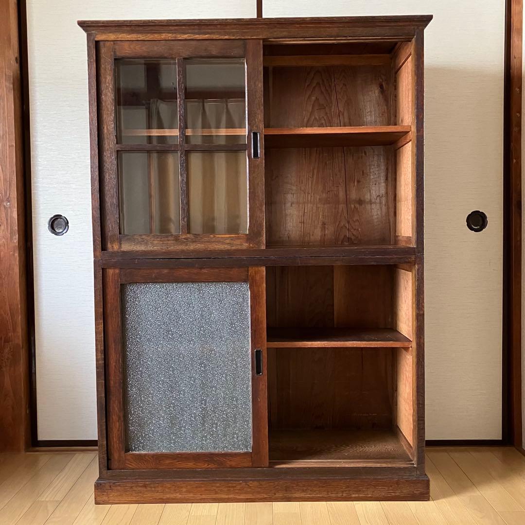 アンティーク　本箱　本棚　戸棚　食器棚　陳列棚　店舗　ニ重ね　無垢　引戸　レトロ