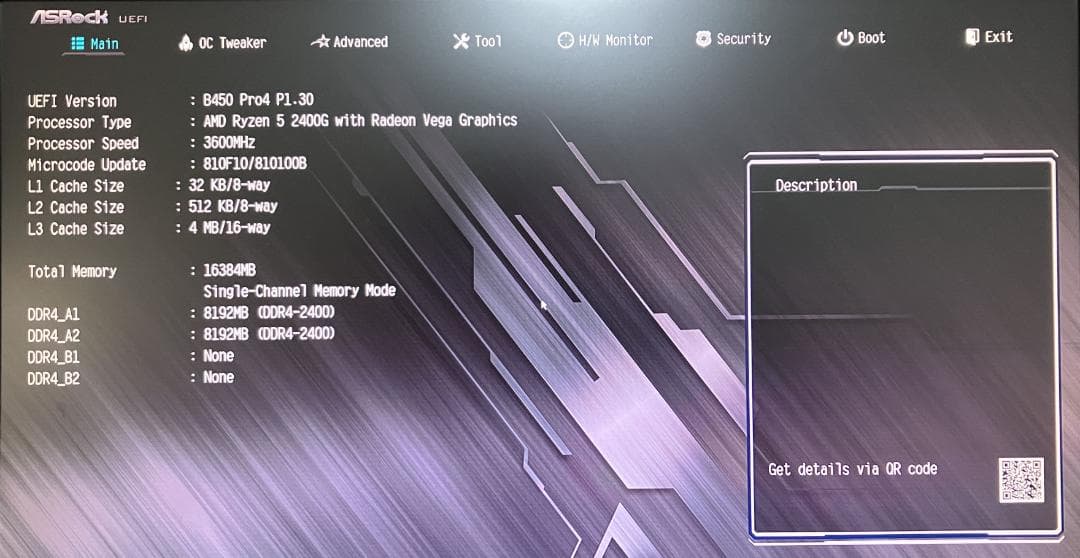 【セット】 Ryzen 5 2400G + B450 Pro4 + 8GB×2