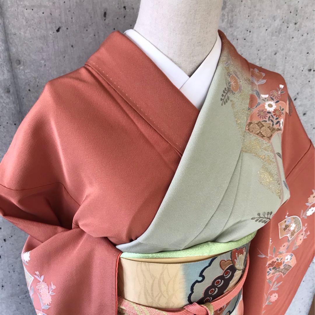 【染め分け】正絹　訪問着　扇に花橘　金箔　袷