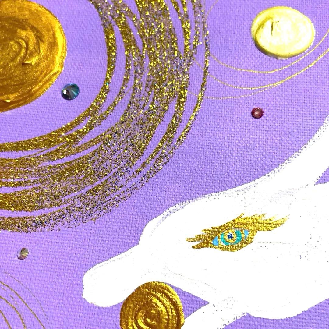 開運絵画　白龍神様　蓮の花７色　守護龍　蓮の花　運気上昇　金箔　スワロフスキー