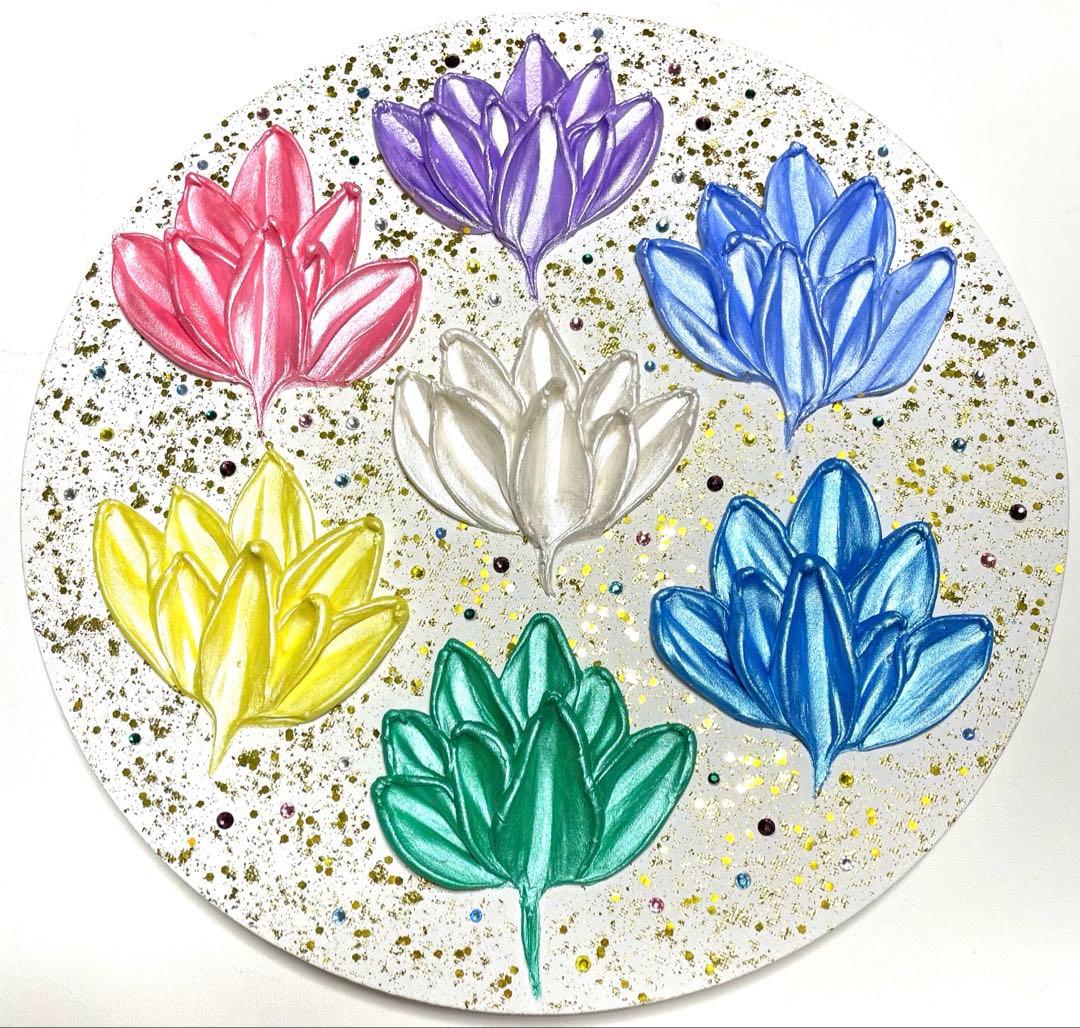 開運絵画　白龍神様　蓮の花７色　守護龍　蓮の花　運気上昇　金箔　スワロフスキー